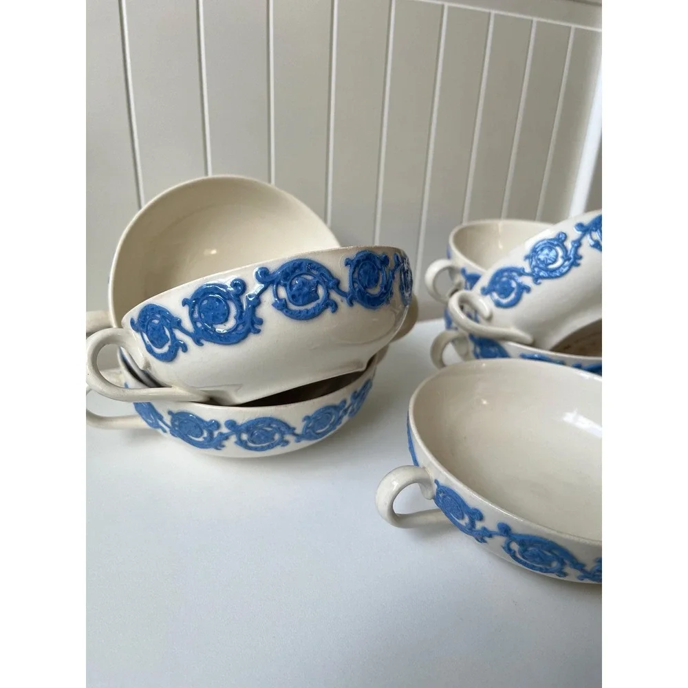 Set of8 Soup Cups ANTIQUE Royal Adams England Ivory Victorian Ware Chelsea Blue